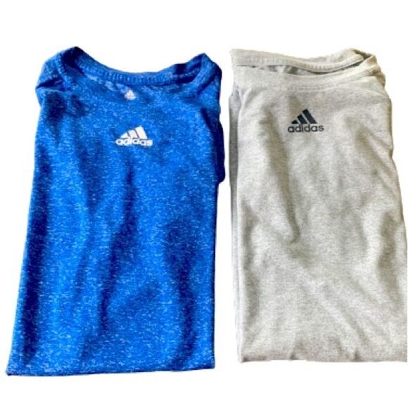 2 Adidas Mens Climalite Heather Gray Workout Logo Blue T-Shirt Tee 2996A Medium - Picture 1 of 11